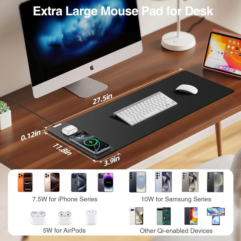 abc.mat Magnetic Wireless Charging Mouse Pad, 27.5"x11.8" Gaming Desk Mat for Keyboard/Laptop, Non-Slip Base & 20W PD Adapter, Waterproof Smooth Desk Writing Pad for Gamer, Office & Home, Black - Image 3